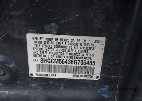 2006 Honda Accord 2.4 Lx z USA, uszkodzony, nr VIN 3HGCM56436G705485